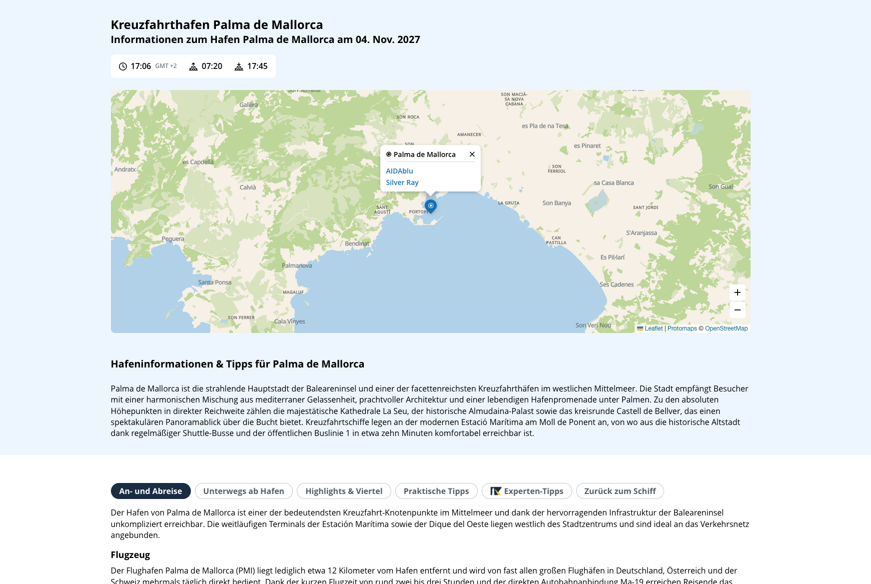 Hafeninformationen für Palma de Mallorca mit Hafenkarte, Ankunfts- und Abfahrtszeiten sowie Tipps zu Anreise und Aufenthalt.